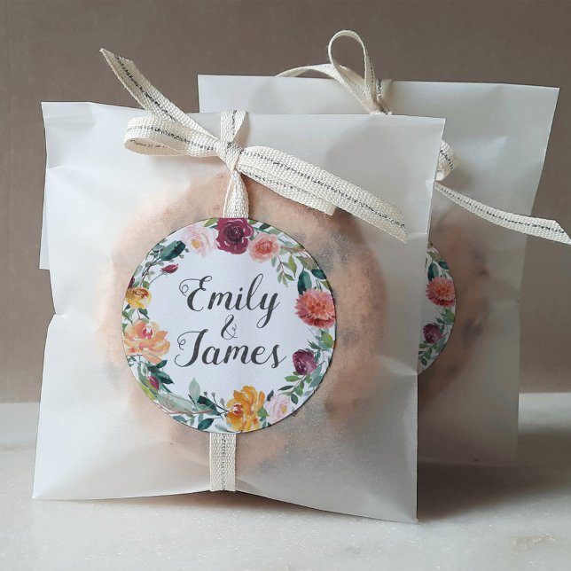 Rustic Burgundy Floral Wreath Wedding Monogram Classic Round Sticker (Creator Uploaded)