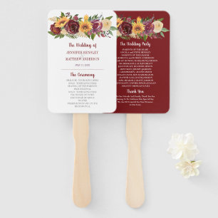 Rustic Burgundy Floral Yellow Sunflowers Wedding Hand Fan