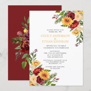 Rustic Burgundy Floral Yellow Sunflowers Wedding Invitation