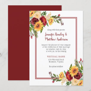 Rustic Burgundy Floral Yellow Sunflowers Wedding Invitation