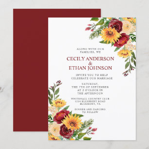 Rustic Burgundy Floral Yellow Sunflowers Wedding Invitation