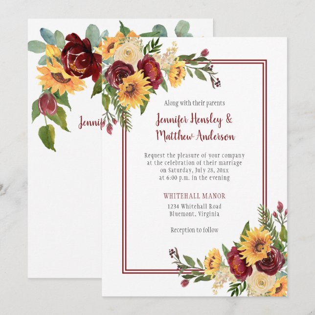 Rustic Burgundy Floral Yellow Sunflowers Wedding Invitation (Front/Back)
