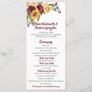 Rustic Burgundy Floral Yellow Sunflowers Wedding Programme
