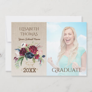 Rustic Burgundy Flowers Burlap Photo Graduation Invitation