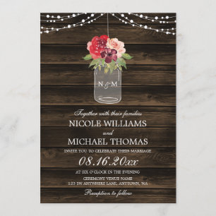 Rustic Burgundy Flowers Mason Jar Fall Wedding Invitation