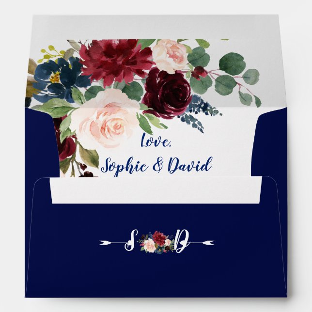 Rustic Burgundy Flowers Navy Blue Wedding Envelope (Back (Bottom))
