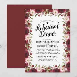 Rustic  Burgundy Flowers Wedding Rehearsal Dinner Invitation