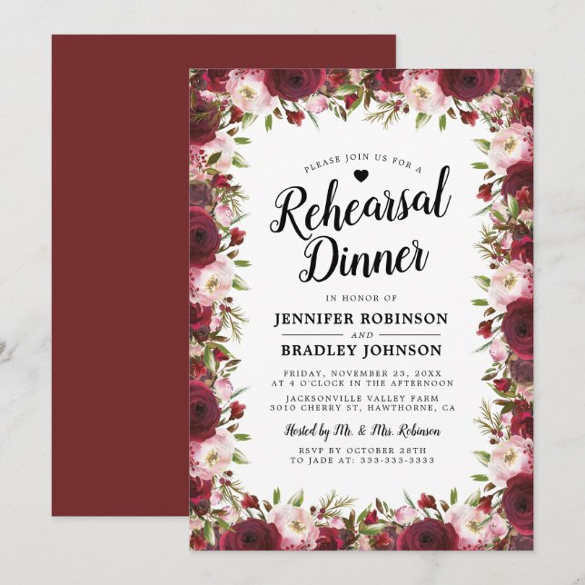Rustic  Burgundy Flowers Wedding Rehearsal Dinner Invitation (Front/Back)