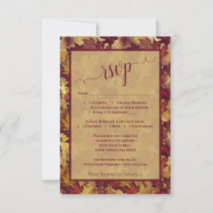 Rustic Burgundy & Gold Autumn Leaves Wedding RSVP Card