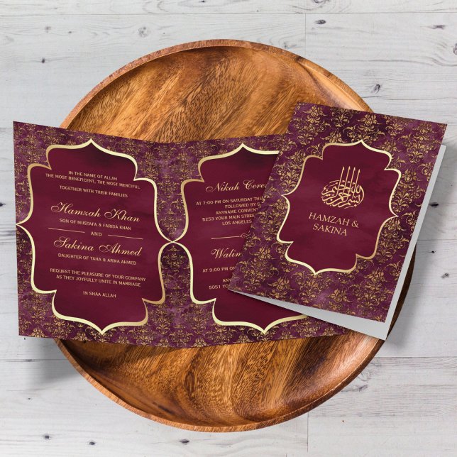 Rustic Burgundy Gold Damask Muslim Wedding Invitation (Creator Uploaded)