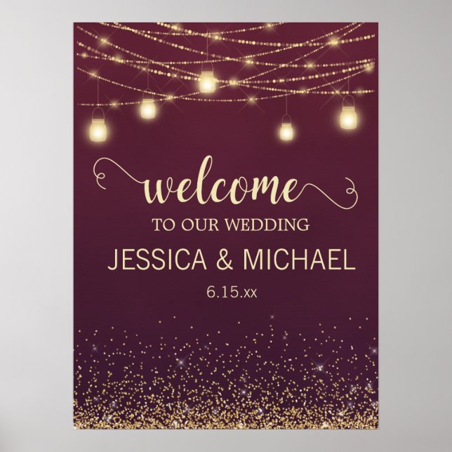Rustic Burgundy Gold Glitter String Lights Wedding Poster (Front)