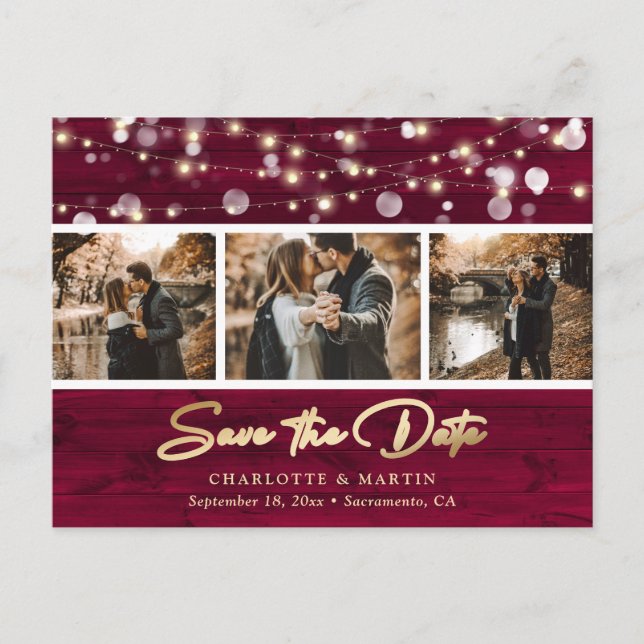 Rustic Burgundy Gold Wedding Photo Save The Date Announcement Postcard (Front)