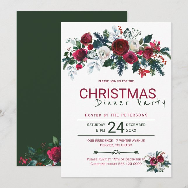 Rustic Burgundy Green Christmas Dinner Party Invitation (Front/Back)