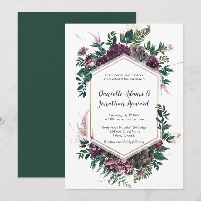 Rustic Burgundy Grey Geometric Floral Wedding Invitation (Front/Back)