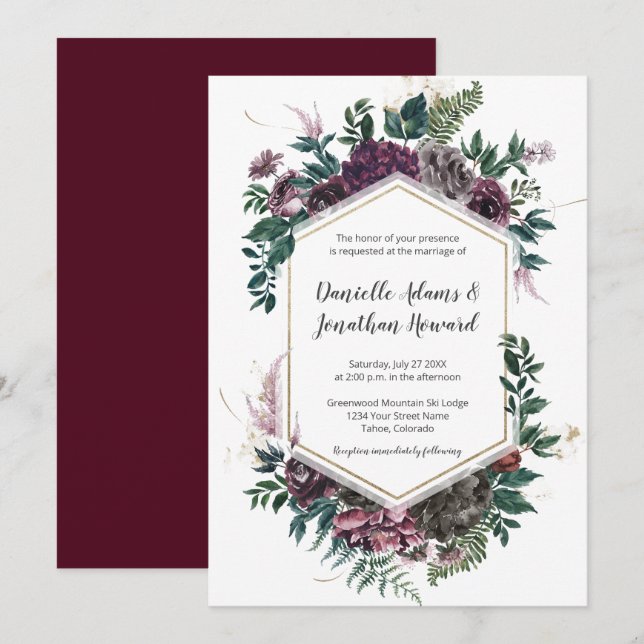 Rustic Burgundy Grey Geometric Floral Wedding Invitation (Front/Back)