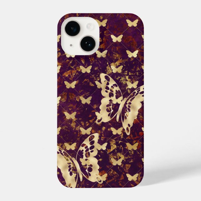 Rustic Burgundy Grunge Butterflies iPhone 14 Cases (Back)