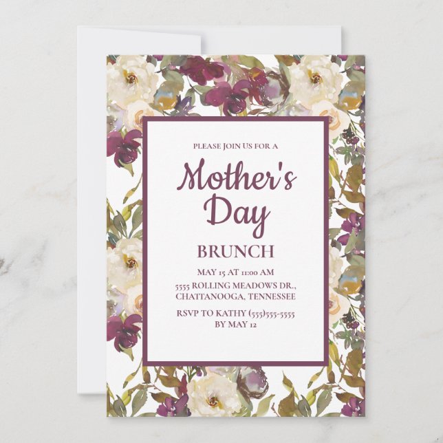 Rustic Burgundy Ivory Cream Floral Mother's Day Invitation (Front)