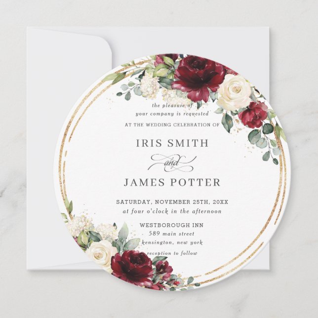 Rustic Burgundy Ivory Floral Gold Greenery Wedding Invitation (Front)