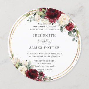 Rustic Burgundy Ivory Floral Gold Greenery Wedding Invitation