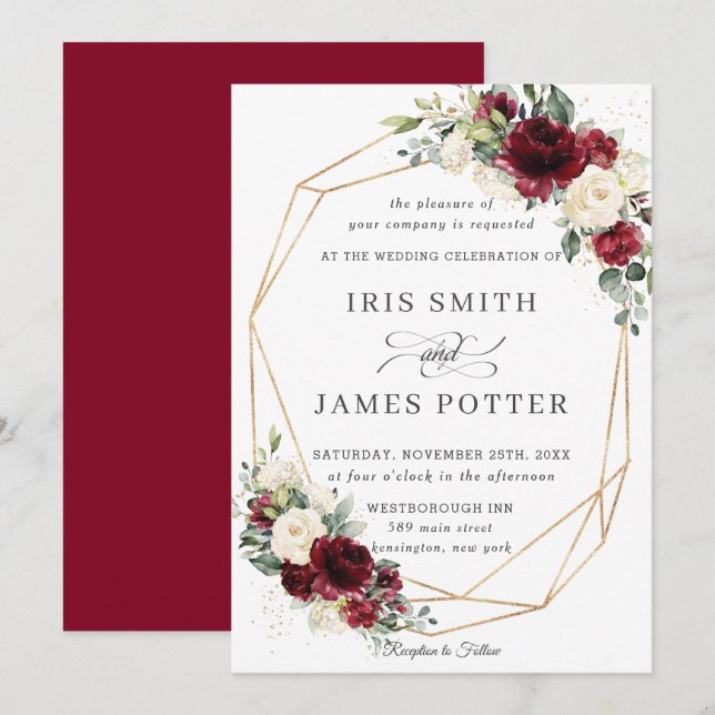 Rustic Burgundy Ivory Floral Wedding Geometric Invitation (Front/Back)
