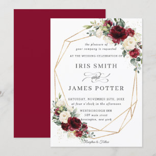 Rustic Burgundy Ivory Floral Wedding Geometric Invitation
