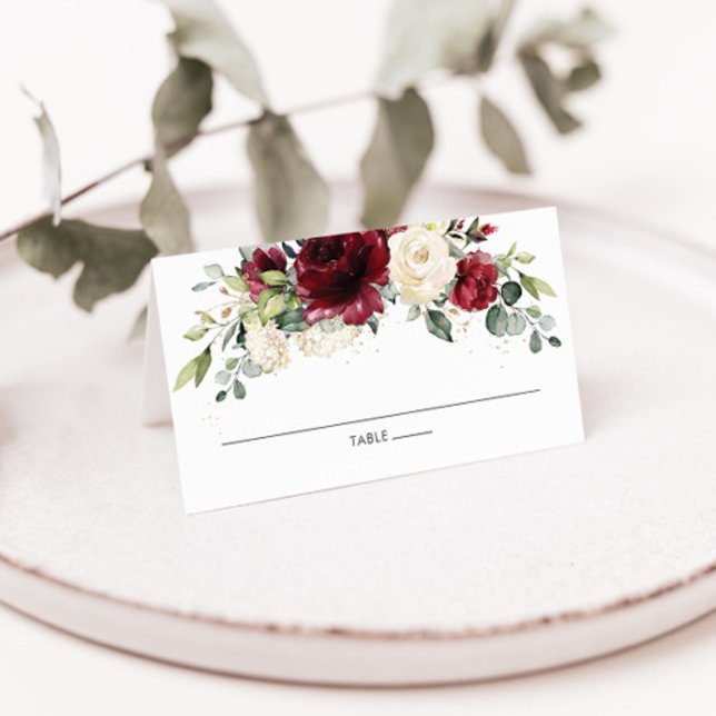 Rustic Burgundy Ivory Floral Wedding Guest Name Place Card (rustic burgundy maroon ivory white floral flowers wedding place cards tent folded guest name)
