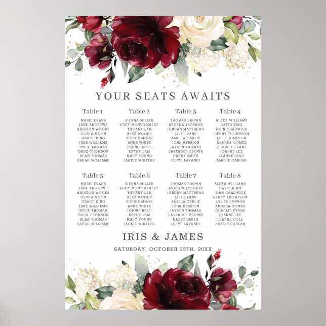 Rustic Burgundy Ivory Floral Wedding Seating Chart (Front)