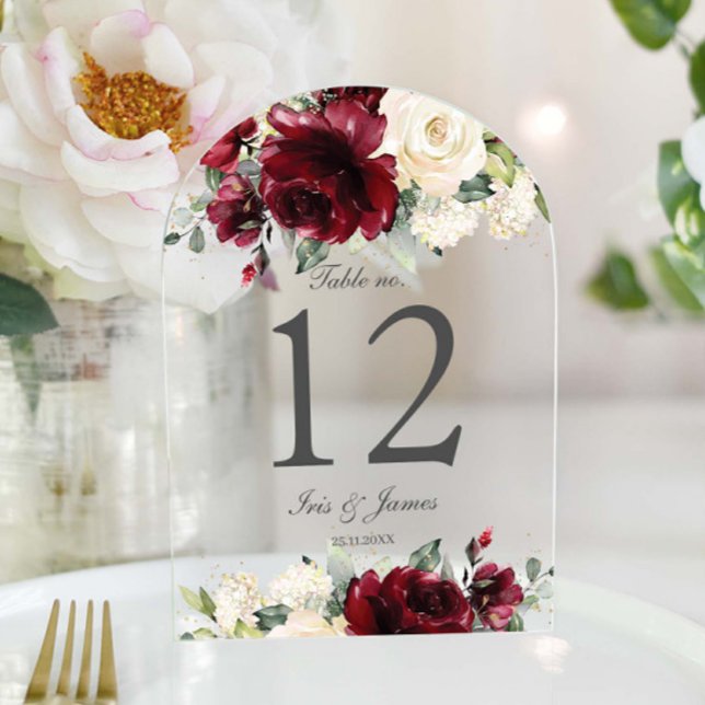 Rustic Burgundy Ivory Floral Wedding Table Number (Creator Uploaded)