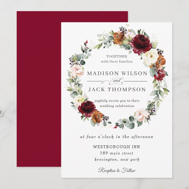 Rustic Burgundy Ivory Orange Floral Wreath Wedding Invitation (Front/Back)