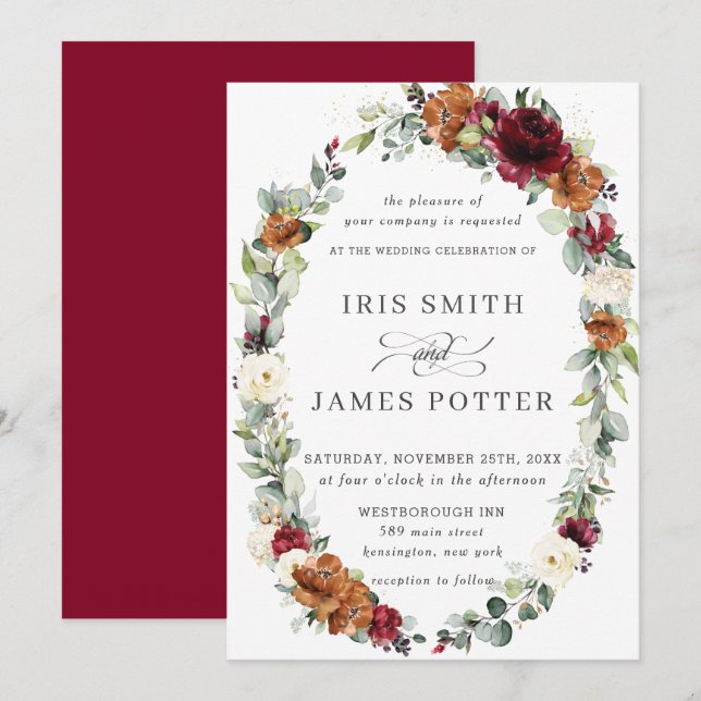 Rustic Burgundy Ivory Orange Floral Wreath Wedding Invitation (Front/Back)