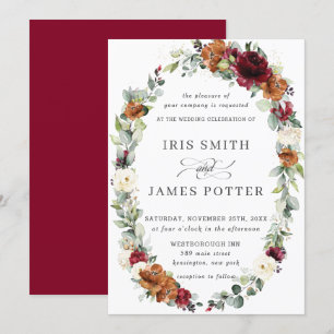Rustic Burgundy Ivory Orange Floral Wreath Wedding Invitation