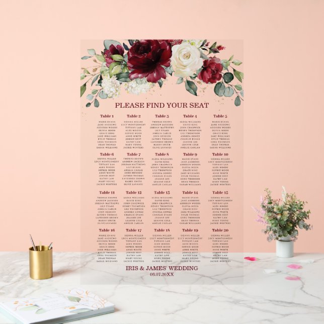 Rustic Burgundy Ivory White Floral Wedding Seating Acrylic Sign (Wedding)