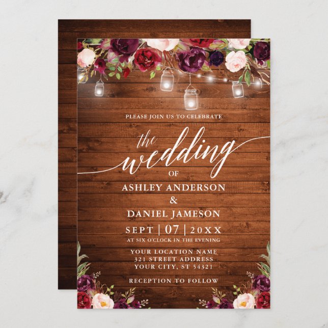 Rustic Burgundy Jar Lights Calligraphy Wedding Invitation (Front/Back)