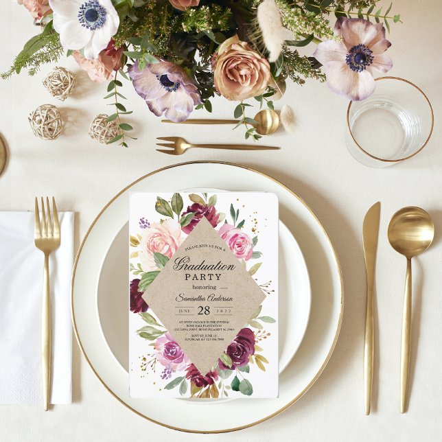 Rustic Burgundy Kraft Floral Graduation Party  Invitation (Creator Uploaded)