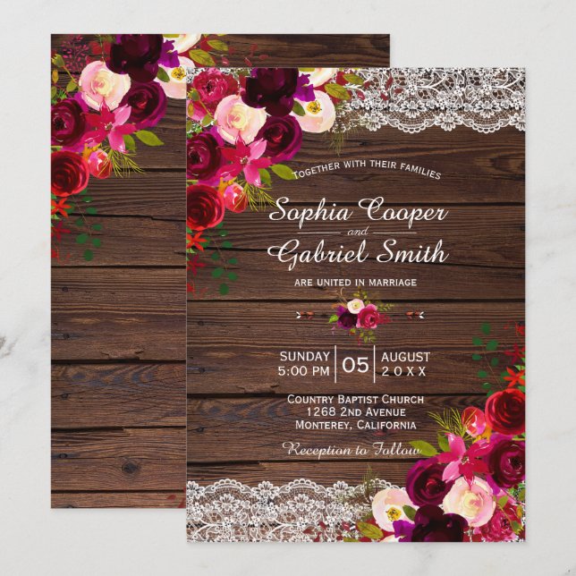 Rustic Burgundy Lace Floral | Barn Country Wedding Invitation (Front/Back)