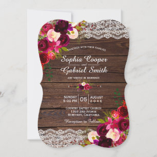 Rustic Burgundy Lace Floral   Barn Country Wedding Invitation