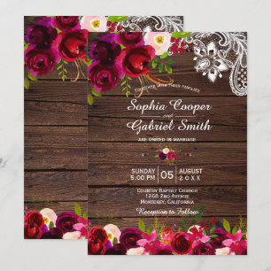 Rustic Burgundy Lace Floral   Barn Wood Wedding Invitation