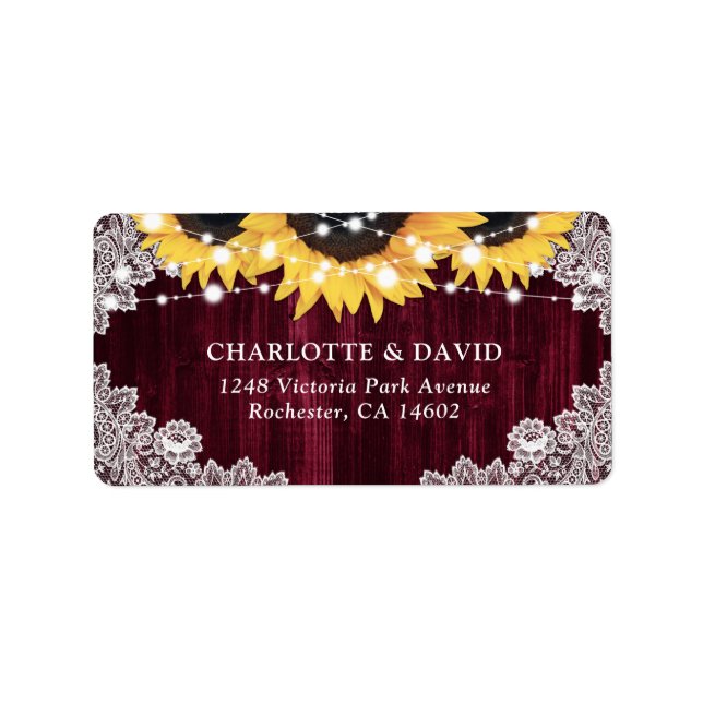 Rustic Burgundy Lace Sunflower Address Labels (Front)