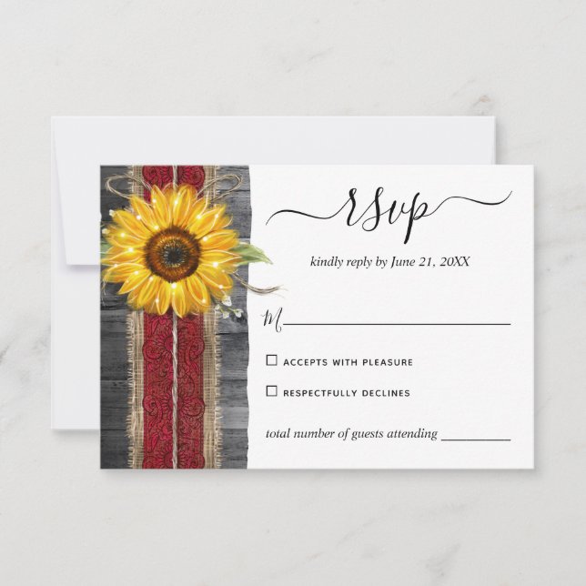 Rustic Burgundy Lace Watercolor Sunflower Wedding RSVP Card (Front)