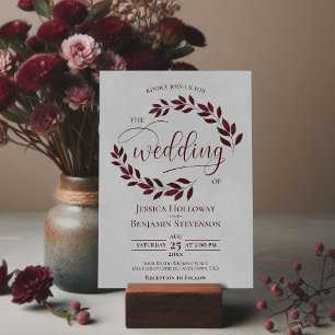 Rustic Burgundy Leaves Elegant Grey Wedding Invitation