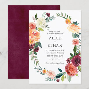 Rustic Burgundy Light Yellow Flowers Wedding Invitation