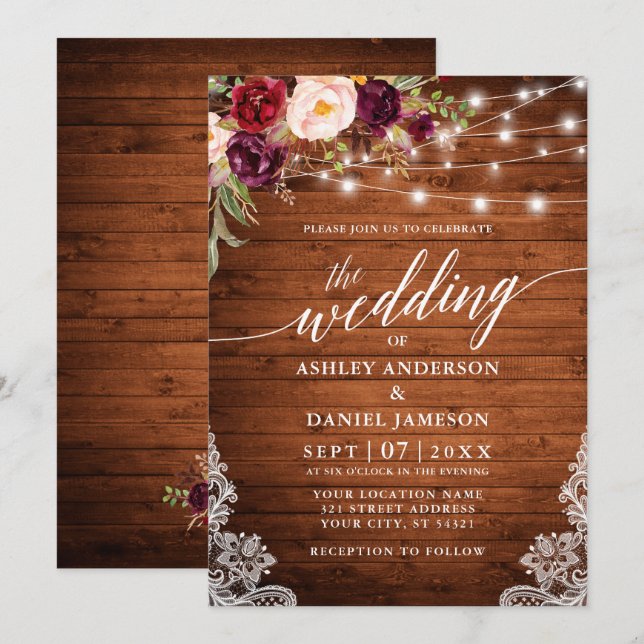 Rustic Burgundy Lights Lace Calligraphy Wedding Invitation (Front/Back)