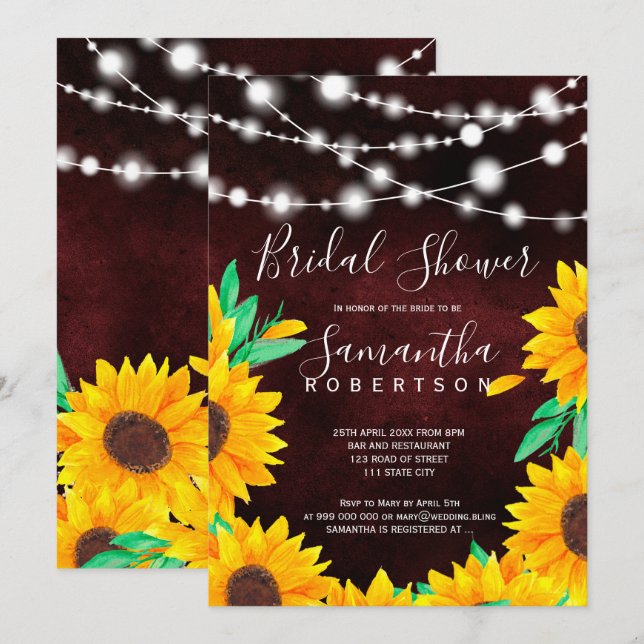 Rustic burgundy lights sunflowers bridal shower invitation (Front/Back)