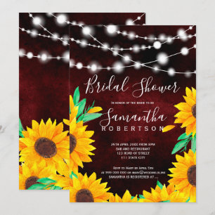 Rustic burgundy lights sunflowers bridal shower invitation