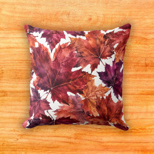 Rustic Burgundy Maple Leaf Watercolor Pattern Cushion