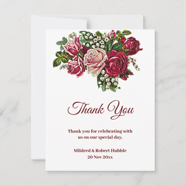 Rustic Burgundy Maroon Roses Wedding Thank You Card (Front)