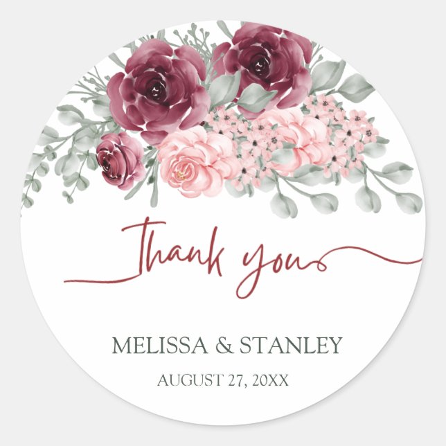 Rustic Burgundy Marsala and Pink Floral Wedding Classic Round Sticker (Front)