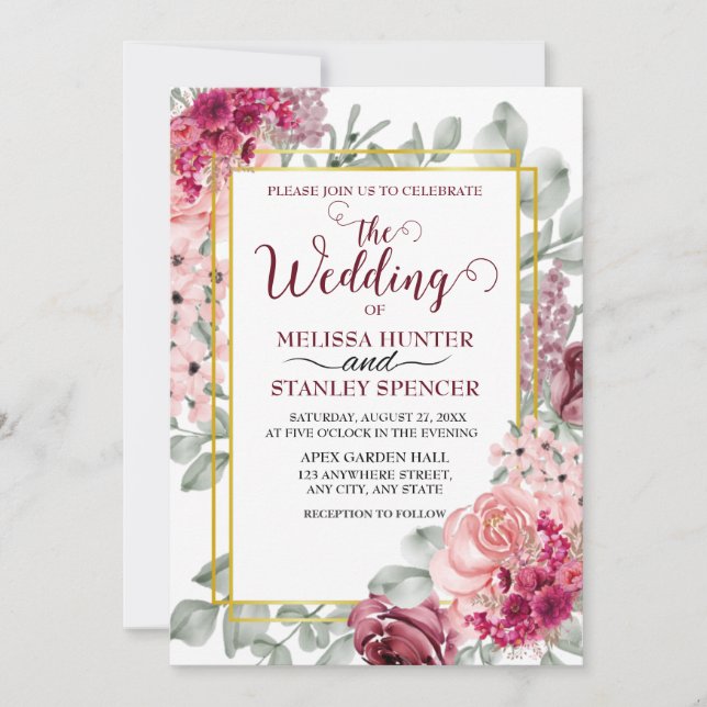 Rustic Burgundy Marsala and Pink Floral Wedding Invitation (Front)