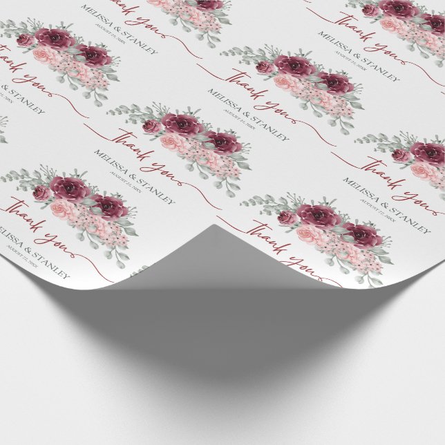 Rustic Burgundy Marsala and Pink Floral Wedding Wrapping Paper (Corner)