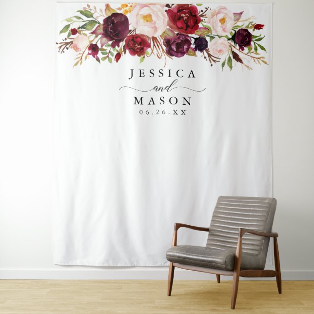 Rustic Burgundy Marsala Backdrop - Photo Booth Tapestry (In Situ)